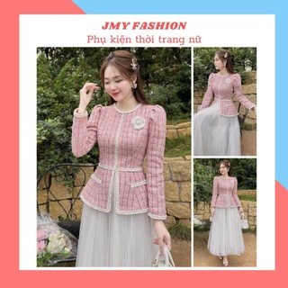 A430, Cv2 Set dạ tweed hồng phối chân trắng thanh lịch [TH Hà Thanh] váy xòe trắng, áo khoác tay dài tiểu thư nữ tính