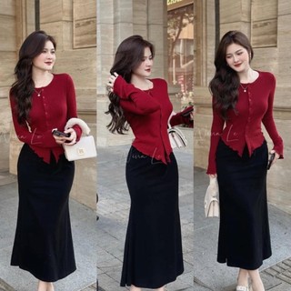 Set áo vạt nhọn tay dài phối nút kèm chân váy xòe đuôi cá b261