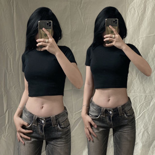 [ACT] Áo Croptop thun trơn cotton basic ôm body tay ngắn basic