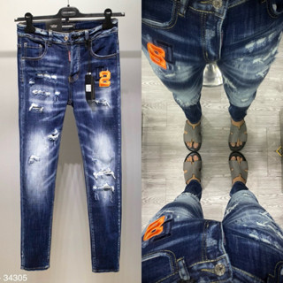 Quần jean bò nam Dsq2 slimfit wash xanh bạc loang sóng rách xước thêu chữ D2 đùi 4 cúc cao cấp QJ430P