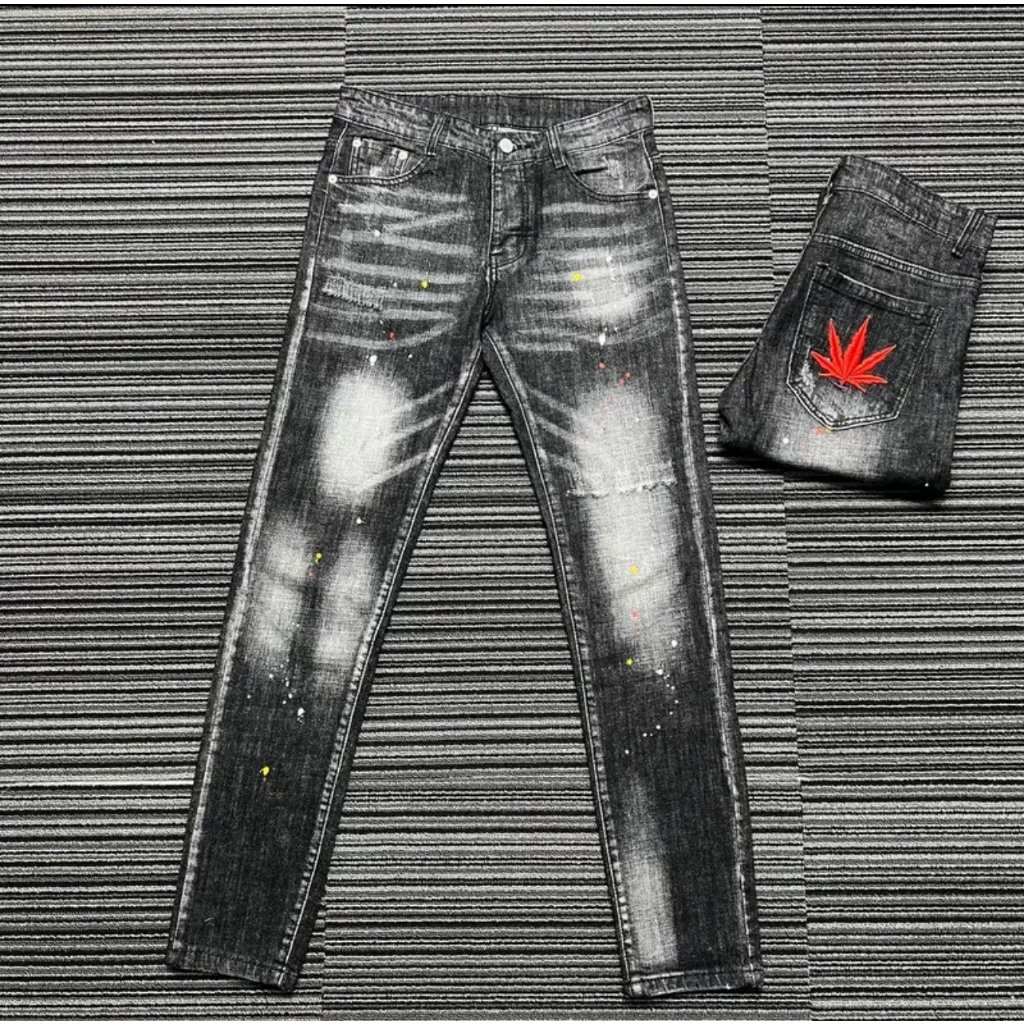 Quần jean dài nam co dãn 4 cúc thêu Lá Phong Đỏ túi sau cao cấp chất bò vải dày đẹp co giãn chuẩn form Thành_Store