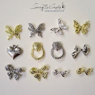 Charm nail Tết charm nơ kim cương bớm kim loại màu vàng bạc mẫu mới charm giá rẻ trang trí móng tay nail