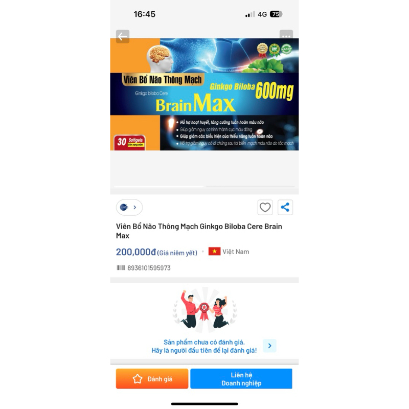 Viên bổ não thông mạch Ginkgo biloba Cere Brain Max - Ginkgo Biloba 600mg Hộp 30 viên giúp hoạt huyết dưỡng não