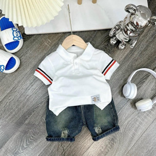 Quần áo bé trai, set bộ áo polo cộc tay thêu tem kèm quần Short Jean lịch lãm cho bé 10-30kg