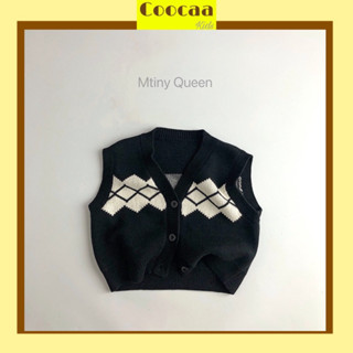 [Ảnh thật] Áo gile len cổ V phối màu đen trắng Hàn Quốc dành cho bé trai bé gái size 80-130