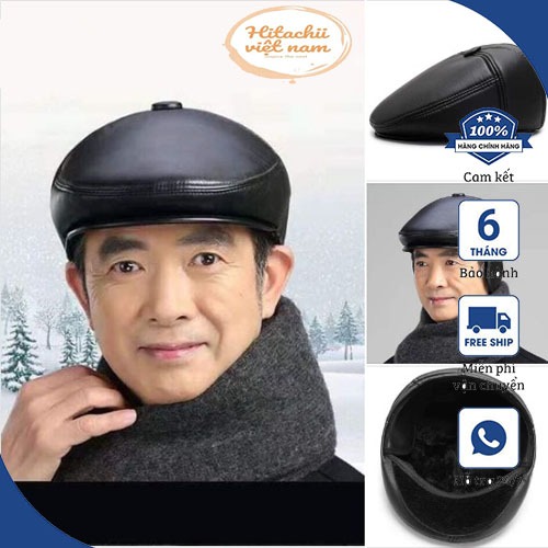 Mũ Beret Nam trung niên chất da PU lót lông cao cấp có che tai Mũ ông già có bịt tai siêu ấm Nón nồi nam