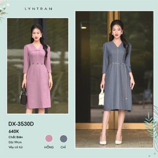 Đầm xòe công sở dáng A chần chỉ dọc thân, váy xòe LYNTRAN cổ V tay lỡ DX-3530D