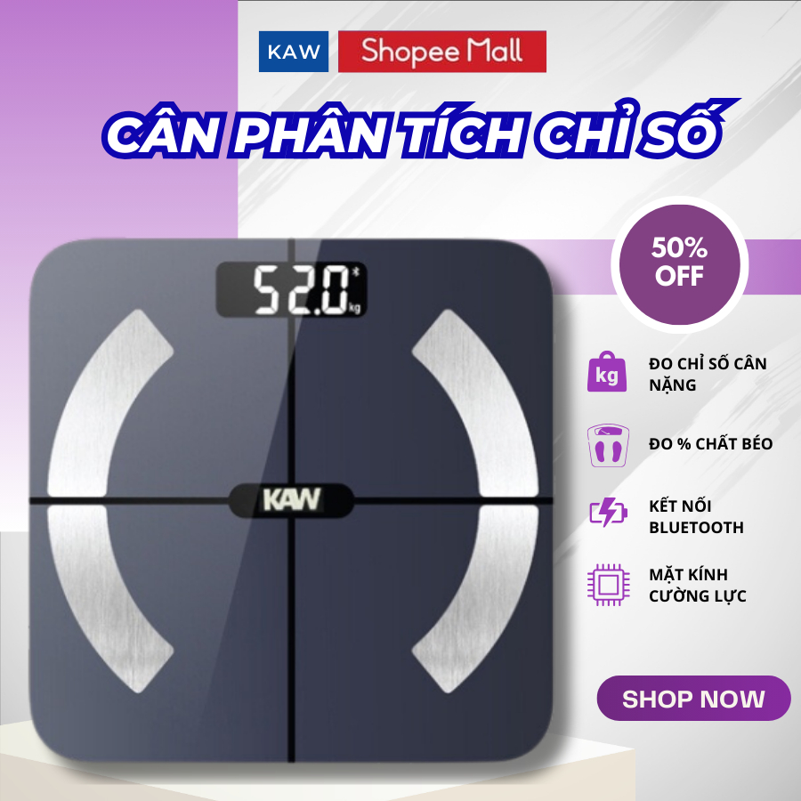 Cân sức khỏe phân tích chỉ số thông minh có Bluetooth KAW, đo chỉ số cân nặng, đo lượng chất béo