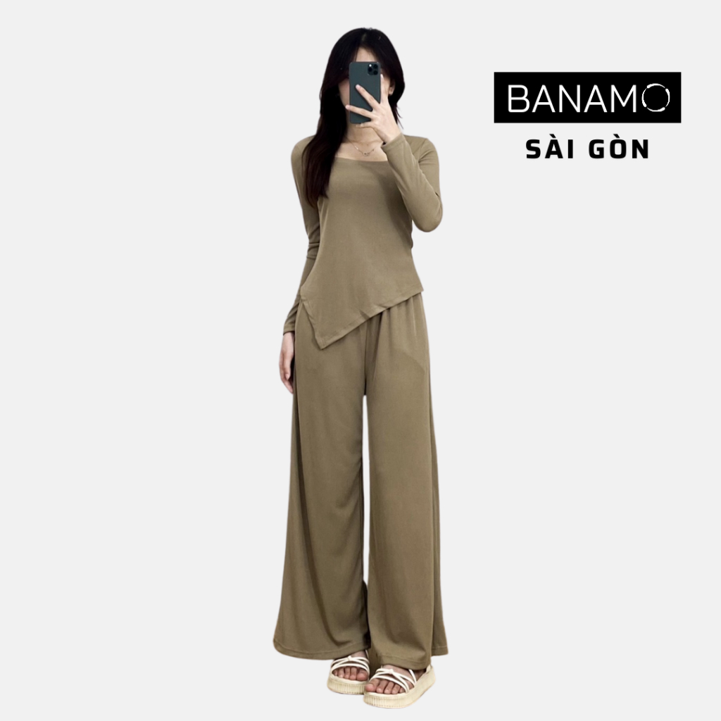 Set nữ bigsize Banamo Sài Gòn bộ áo thun tăm cổ vuông dài tay kèm quần culottes 191