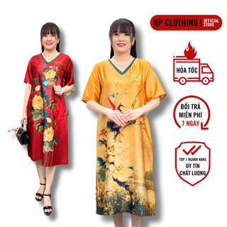 Đầm Trung Niên Nữ, Váy Đi Tiệc Cho Mẹ U70 Cổ Chữ V Ngắn Tay Bigsize Lịch Sự | Thời Trang NP CLOTHING