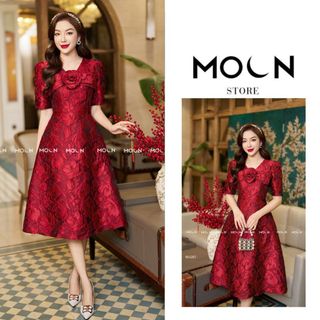 Váy dài công sở nữ liền thân cổ chữ V chất gấm vân hoa hồng, đầm xòe thiết kế thắt eo dáng dài sang chảnh MV267 Moon