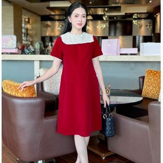MEDYLA - Váy bầu thiết kế tuyết nhung đỏ cổ đá blink đầm bầu công sở cho bầu diện lễ tết đi chơi du lịch - VTS1695