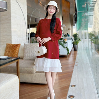 MEDYLA - Váy bầu thu đông nhung đỏ đính ngọc đuôi cá trắng đầm bầu công sở cho bầu diện lễ tết đi chơi du lịch - VTA1646