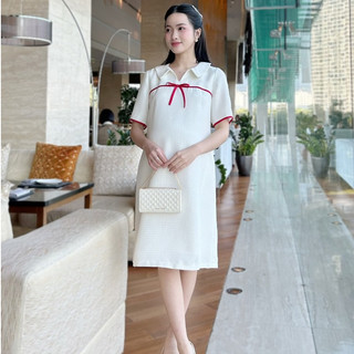 MEDYLA - Váy bầu đông xuân dạ kem phối nơ đỏ đầm bầu công sở cho bầu diện lễ tết đi chơi du lịch - VTA1677