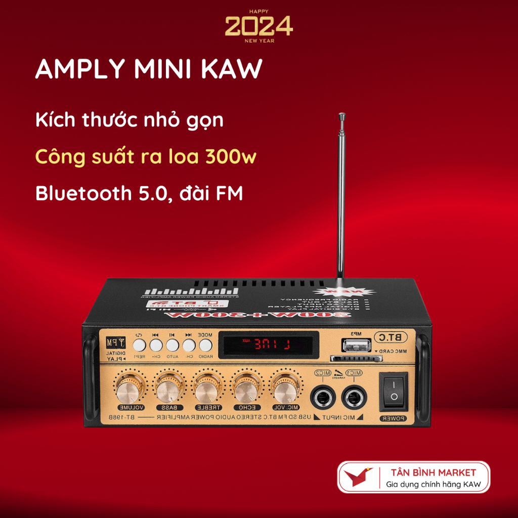 Amply mini Kaw Kal-800 - Hàng Chính Hãng, Hỗ Trợ Bluetooth 5.0, Đa Chức Năng, Điều Chỉnh Echo Treble Bass