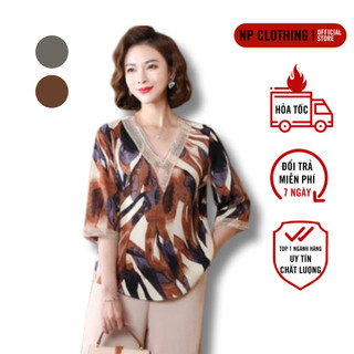 Áo trung niên nữ a101, mẫu sơ mi cho mẹ cổ tim viền ren lịch sự | thời trang trung niên np clothing
