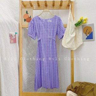 Đầm midi Lovito dáng xòe tay phồng ngắn cổ vuông kẻ sọc cơ bản cho nữ(màu tím)