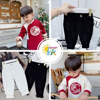 Áo dài cách tân họa tiết Long Phụng Sum Vầy - Quần kaki dài rách phối đồ cực đẹp cho bé trai từ 8 đến 20 kg - SUN KID'S