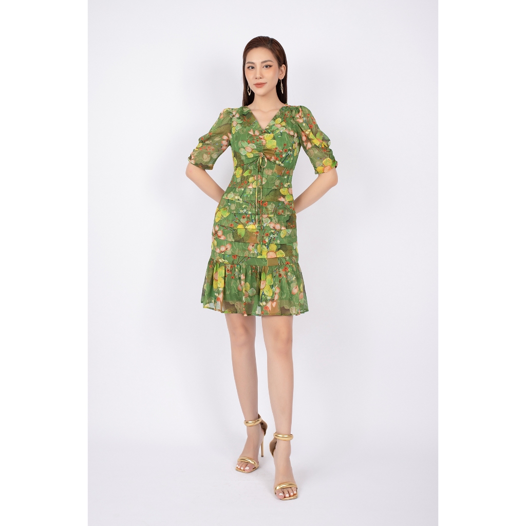 FDC33626 - Đầm công sở vải chiffon dáng ôm chân xòe cổ V nhún nơ tay bồng thân xếp nếp - PANTIO