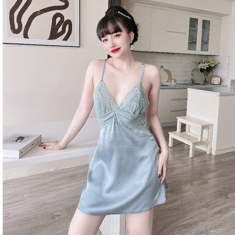 Váy Ngủ Nữ  SOJUN Chất Satin  Chữ T Kèm Quần Chíp Dưới 60Kg