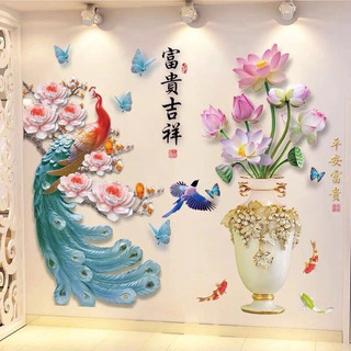 Decal dán tường ,tranh dán tường trang trí bình hoa sen Hồng và chú công đuôi xanh