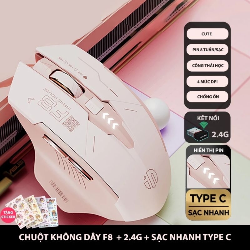 Chuột không dây pin sạc TEKKIN F8 trà sữa cute gaming silent chống ồn không dây