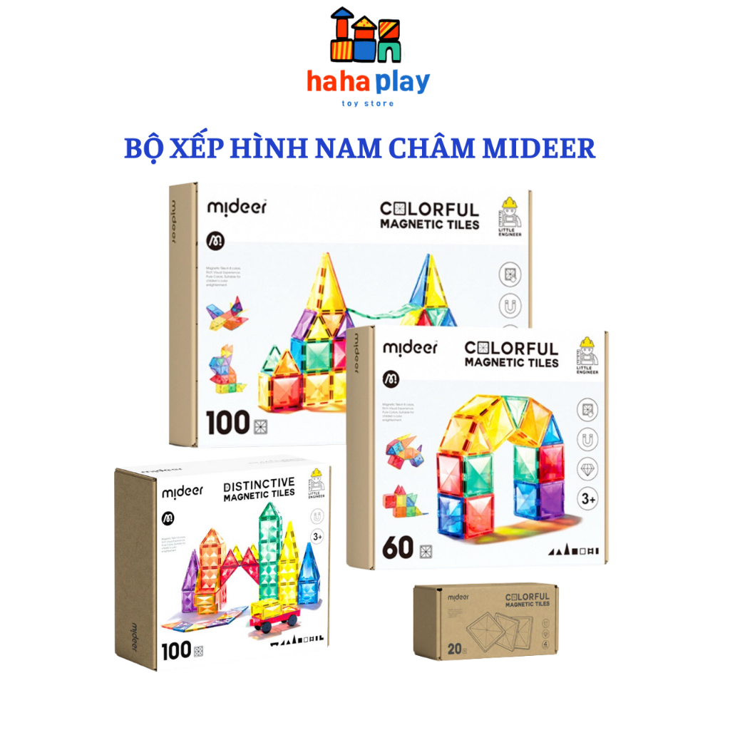 Xếp hình nam châm Mideer Magnetic tiles, đồ chơi thông minh trí tuệ cho bé 2 3 4 5 6 7 tuổi, 25-100 miếng ghép