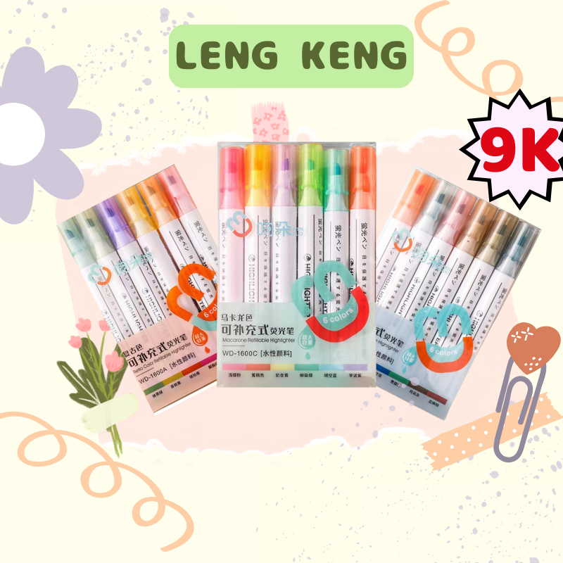 Bút dạ quang bộ 6 màu highlight pastel văn phòng phẩm Leng Keng đánh dấu nhớ dòng HP7251