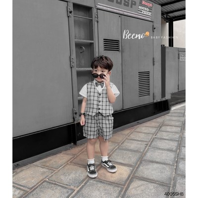 Set bộ vest cộc Beemo kèm áo trắng trong mix cài eo áo mặc đi chơi, sự kiện cho bé trai từ 9-25kg 4005SHB