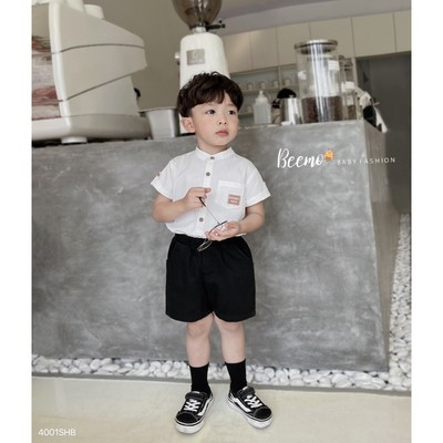 Set bộ sơ mi cộc cổ tàu phối túi mác Beemo vải thô hàn mặc đi chơi sự kiện bé trai từ 9-25kg 4001SHB