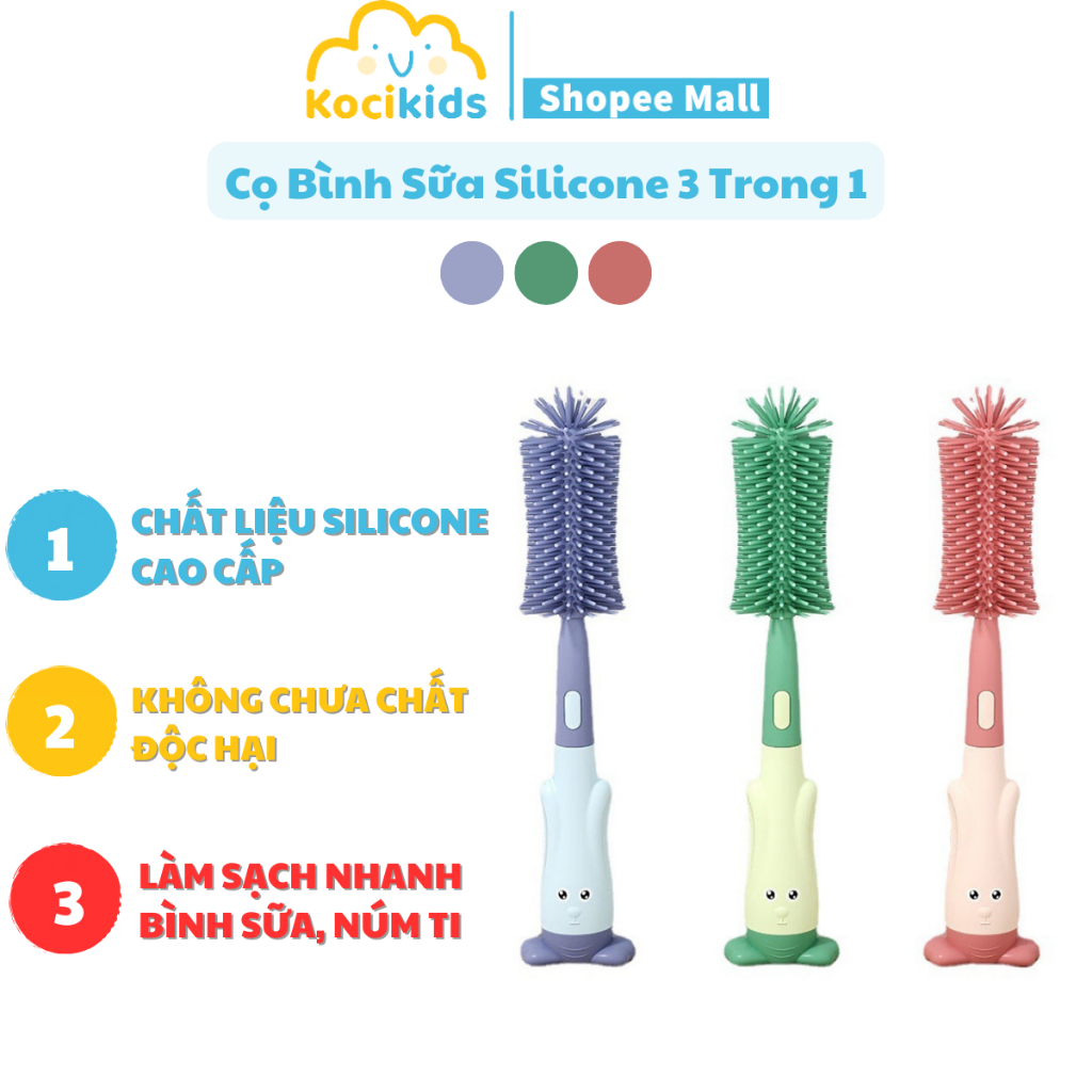 Cọ rửa bình sữa silicon 3 trong 1 tay cầm xoay 360 độ mẫu gấp gọn