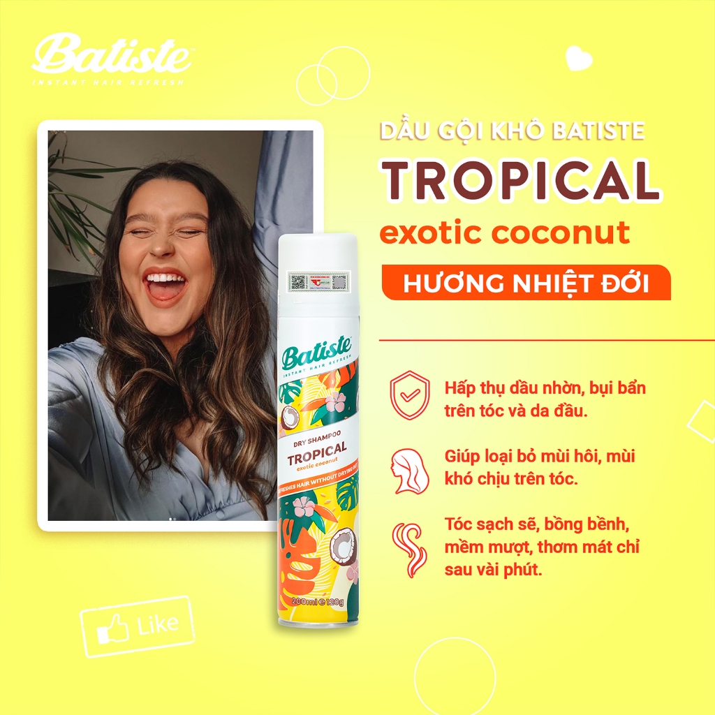 Dầu Gội Khô Batiste Hương Hoa Nhiệt Đới - Batiste Dry Shampoo Coconut & Exotic Tropical 200ml