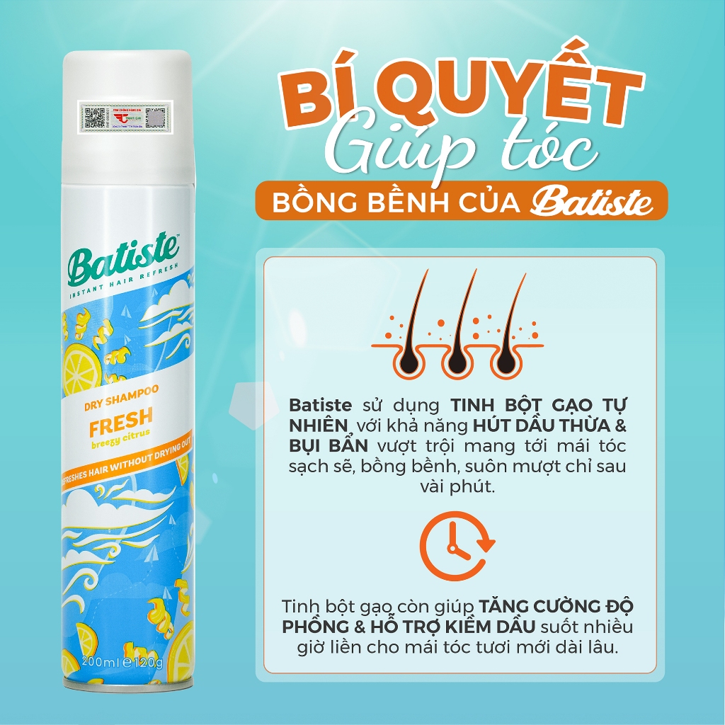 Dầu Gội Khô Batiste Tươi Mát Tức Thì - Batiste Dry Shampoo Light & Breezy Fresh 200ml