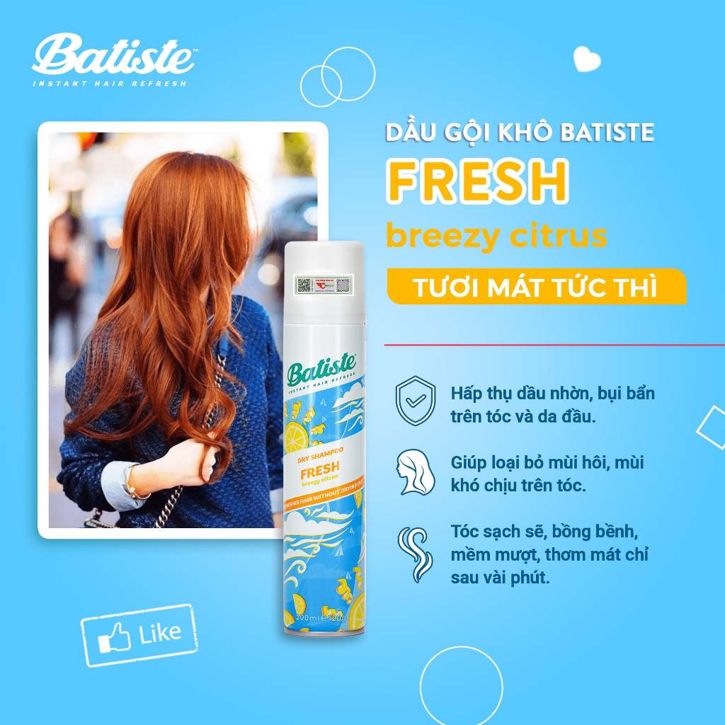 Dầu Gội Khô Batiste Tươi Mát Tức Thì - Batiste Dry Shampoo Light & Breezy Fresh 200ml