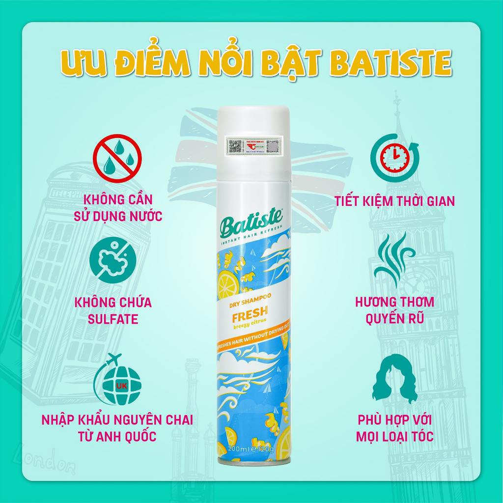 Dầu Gội Khô Batiste Tươi Mát Tức Thì - Batiste Dry Shampoo Light & Breezy Fresh 200ml