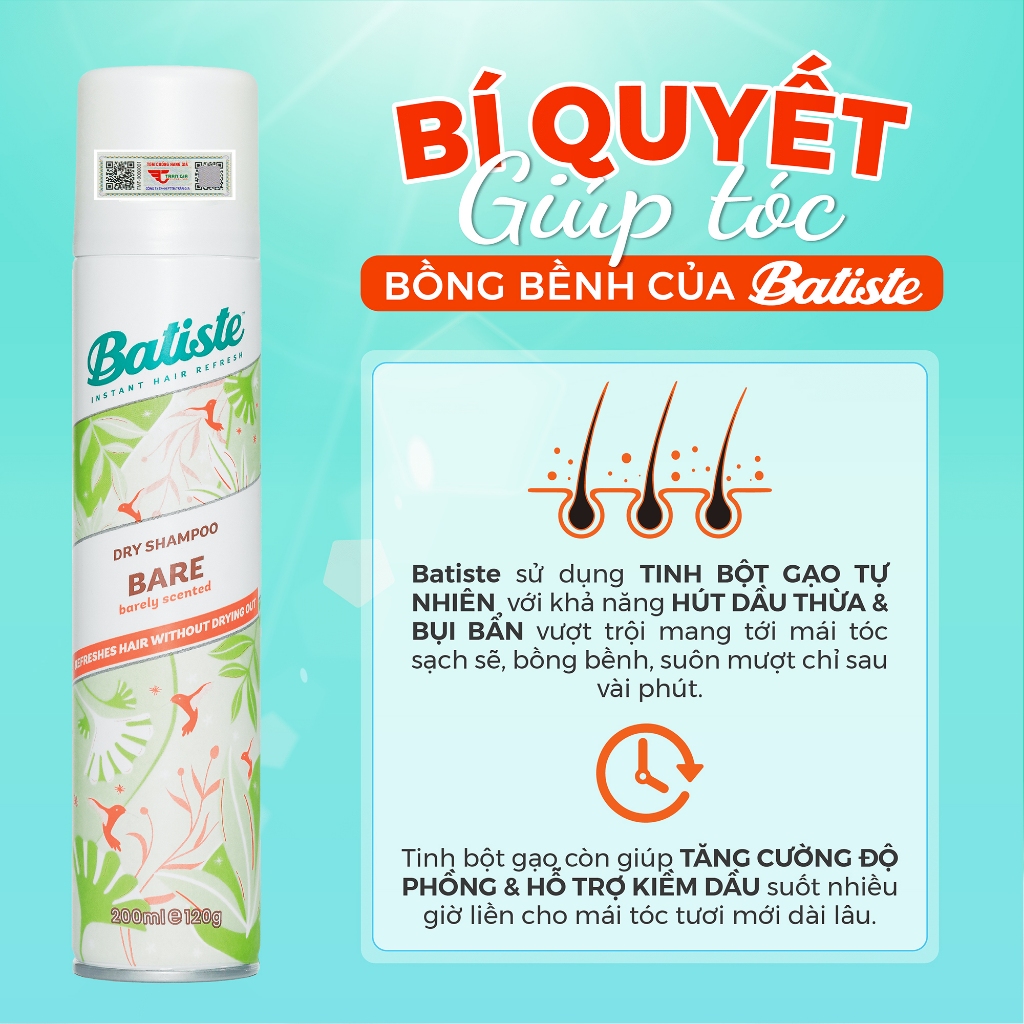 Dầu Gội Khô Batiste Hương Hoa Thiên Nhiên Dịu Nhẹ - Batiste Dry Shampoo Natural & light Bare 200ml