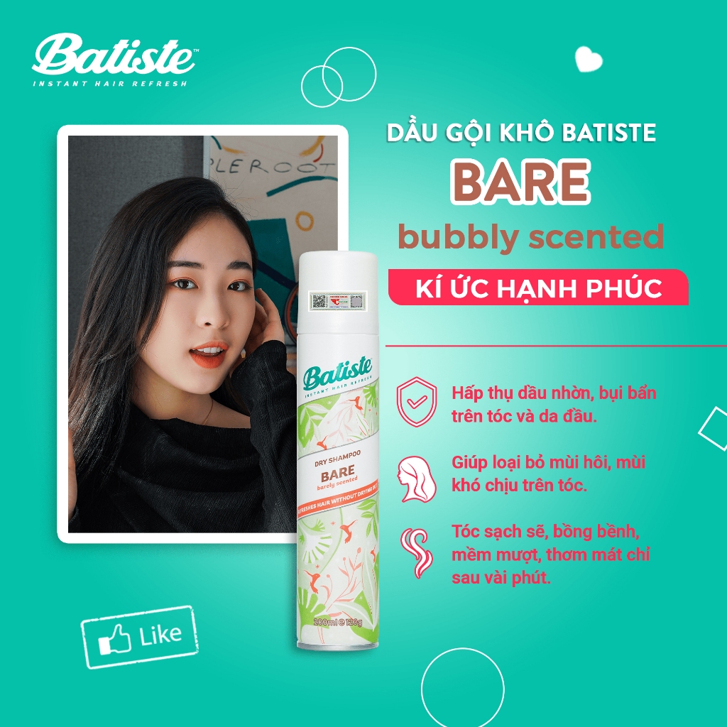Dầu Gội Khô Batiste Hương Hoa Thiên Nhiên Dịu Nhẹ - Batiste Dry Shampoo Natural & light Bare 200ml