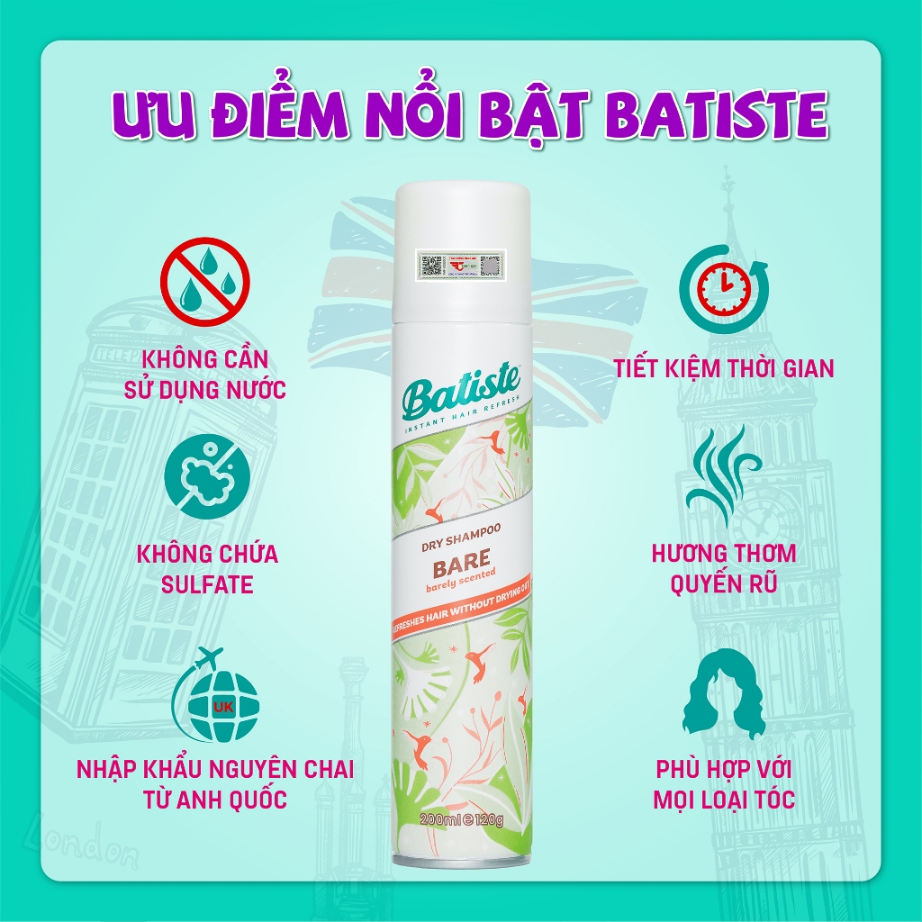 Dầu Gội Khô Batiste Hương Hoa Thiên Nhiên Dịu Nhẹ - Batiste Dry Shampoo Natural & light Bare 200ml