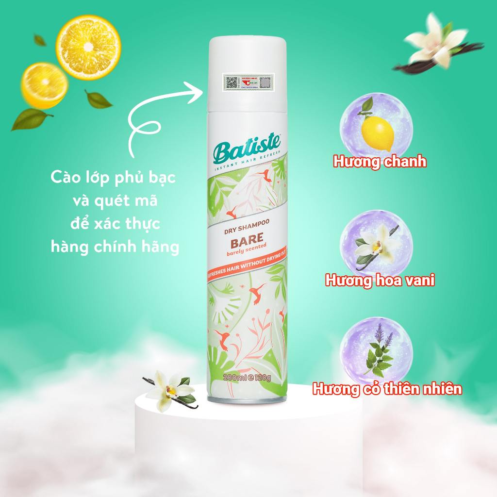 Dầu Gội Khô Batiste Hương Hoa Thiên Nhiên Dịu Nhẹ - Batiste Dry Shampoo Natural & light Bare 200ml