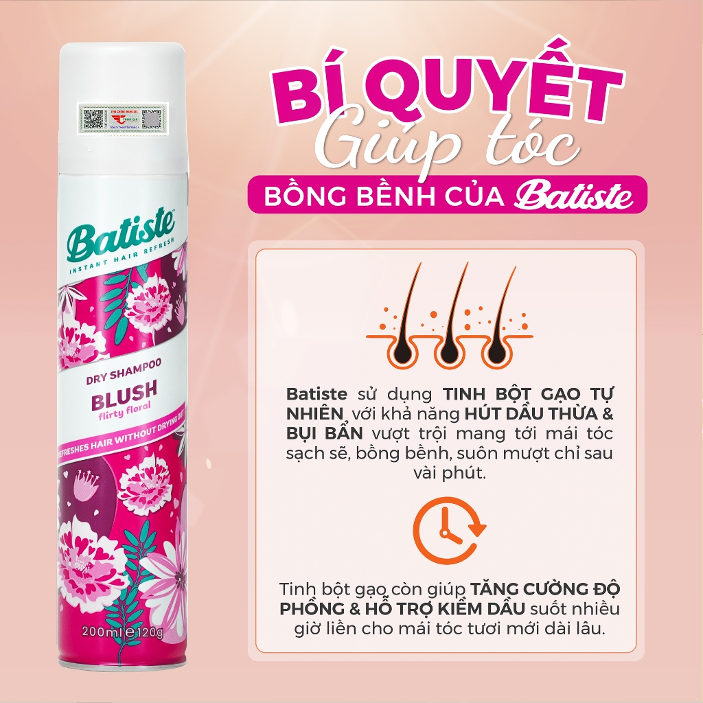 Dầu Gội Khô Batiste Hương Hoa Quyến Rũ - Batiste Dry Shampoo Floral & Flirty Blush 200ml