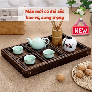 [MẪU MỚI CÓ ĐAI SẮT] Combo bộ gồm 7 Khay trà decor trang trí bánh, khay gỗ thông sơn màu óc chó