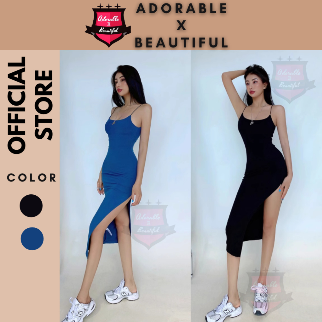 [Ảnh Thật[ Đầm 2 Dây Ôm Body Dài Cổ Tròn Xẻ Đùi Freesize, Đầm Hai Dây Thun Hở Lưng Xanh Đen Sexy [AdorablexBeautiful]