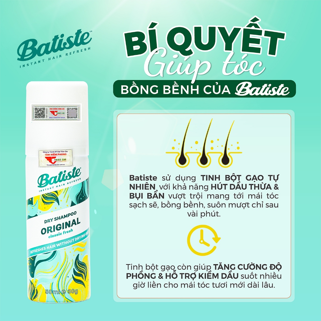 Dầu Gội Khô Hương Cổ Điển Batiste Dry Shampoo Clean & Classic Original 50ml