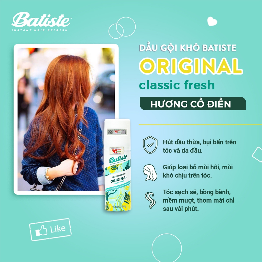 Dầu Gội Khô Hương Cổ Điển Batiste Dry Shampoo Clean & Classic Original 50ml