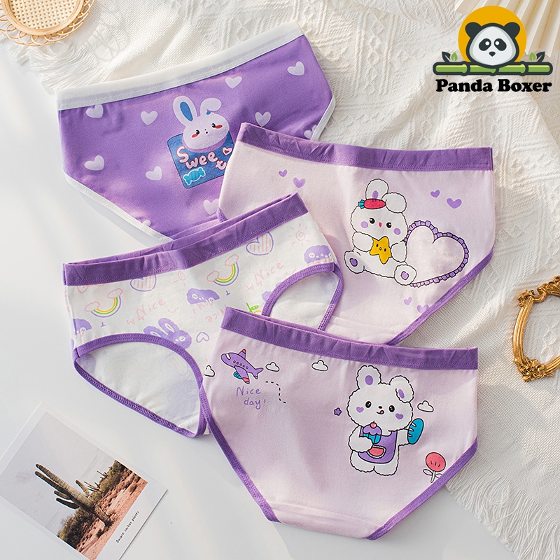 Combo 4 quần lót tam giác cho bé gái họa tiết gấu tím, quần chíp đùi trẻ em cotton thoáng mát co giãn