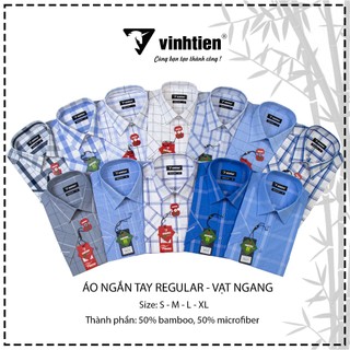 Áo Sơ Mi Vĩnh Tiến Ngắn Tay Regular Vạt Ngang Vải Kẻ Bamboo 439 - Mẫu 1
