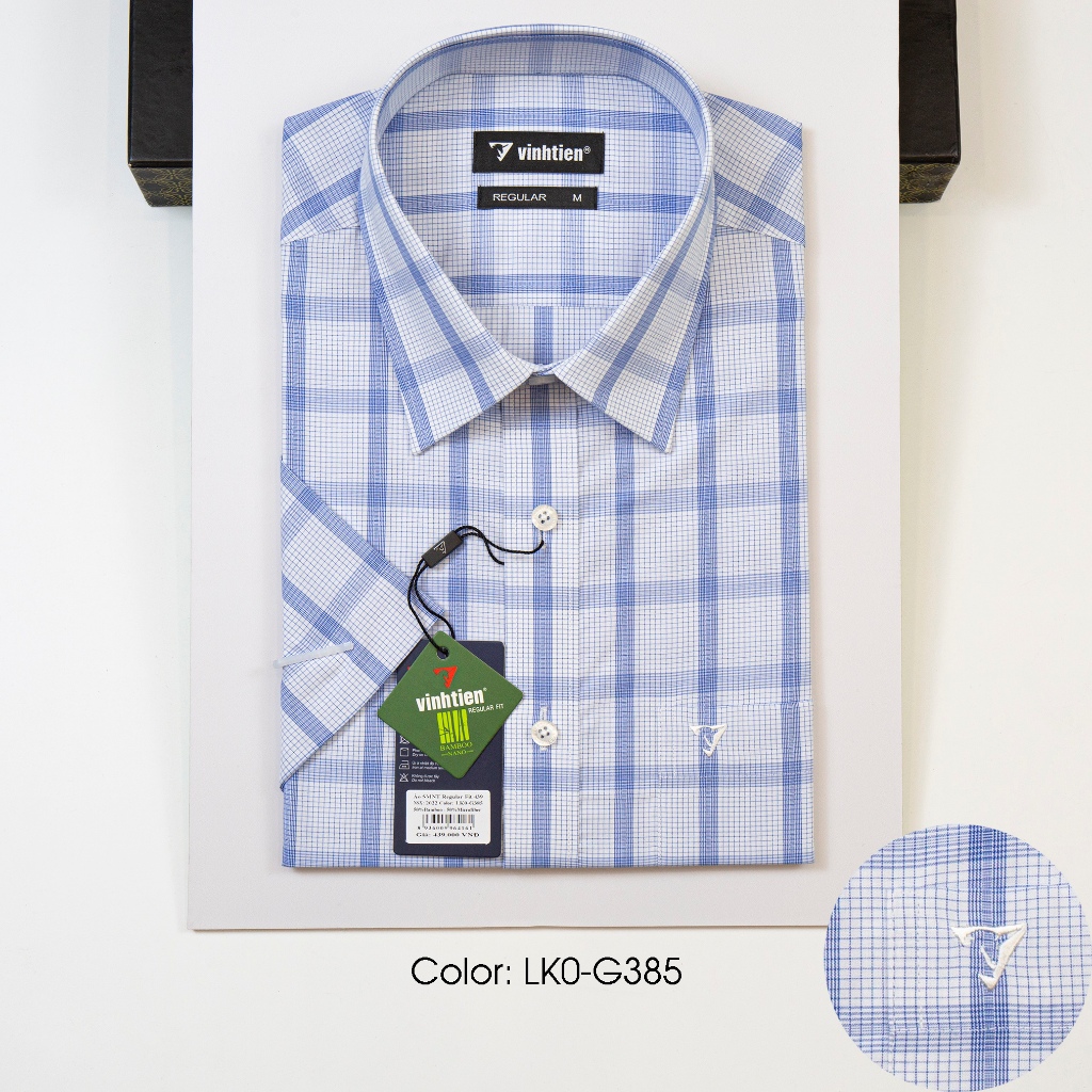 Áo Sơ Mi Vĩnh Tiến Ngắn Tay Regular Vạt Ngang Vải Kẻ Bamboo 439 - Mẫu 1
