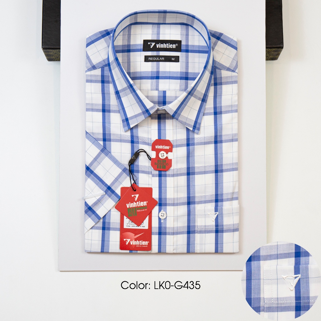Áo Sơ Mi Vĩnh Tiến Ngắn Tay Regular Vạt Ngang Vải Kẻ Bamboo 439 - Mẫu 1
