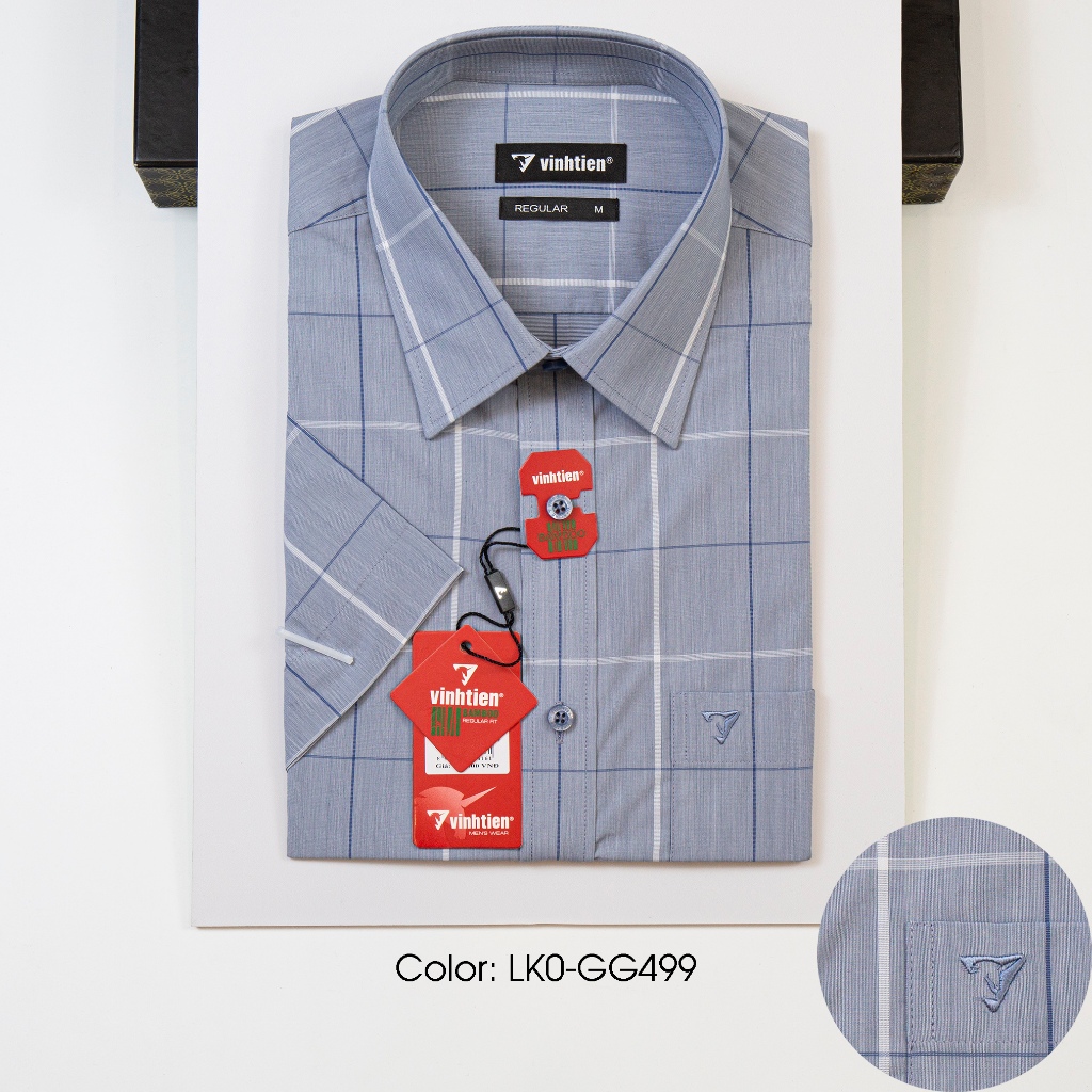 Áo Sơ Mi Vĩnh Tiến Ngắn Tay Regular Vạt Ngang Vải Kẻ Bamboo 439 - Mẫu 1