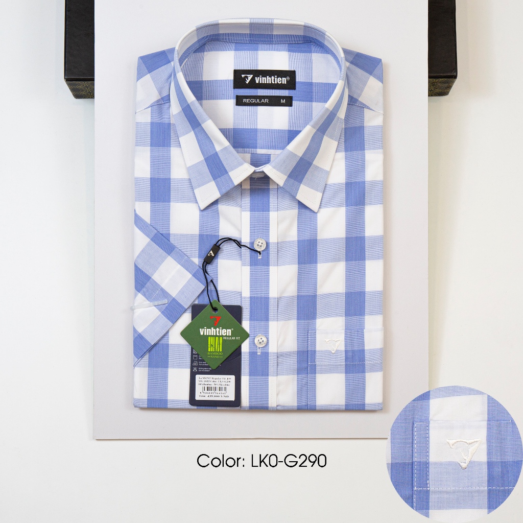 Áo Sơ Mi Vĩnh Tiến Ngắn Tay Regular Vạt Ngang Vải Kẻ Bamboo 439 - Mẫu 1